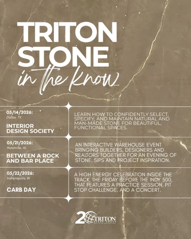 Calling all fabricators, designers, contractors, architects, and industry pros, your May edition of In The Know has officially arrived. 🙌Coming up this month: ↓• Interior Design Society | Dallas, TX | May 14, 2026• Between a Rock and Bar Place hosted by Triton Stone + the Home Builders Association | Huntsville, AL | May 21, 2026• CARB Day | Indianapolis, IN | May 22, 2026Tag your event buddy below!Carb Day, Dallas Designers, Huntsville Builders, Triton Stone, Engineered Surfaces, Realtors, Natural Stone